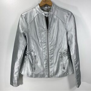Baccini Silver Metallic Vegan Faux Leather Moto Biker Bomber Racing Jacket M P